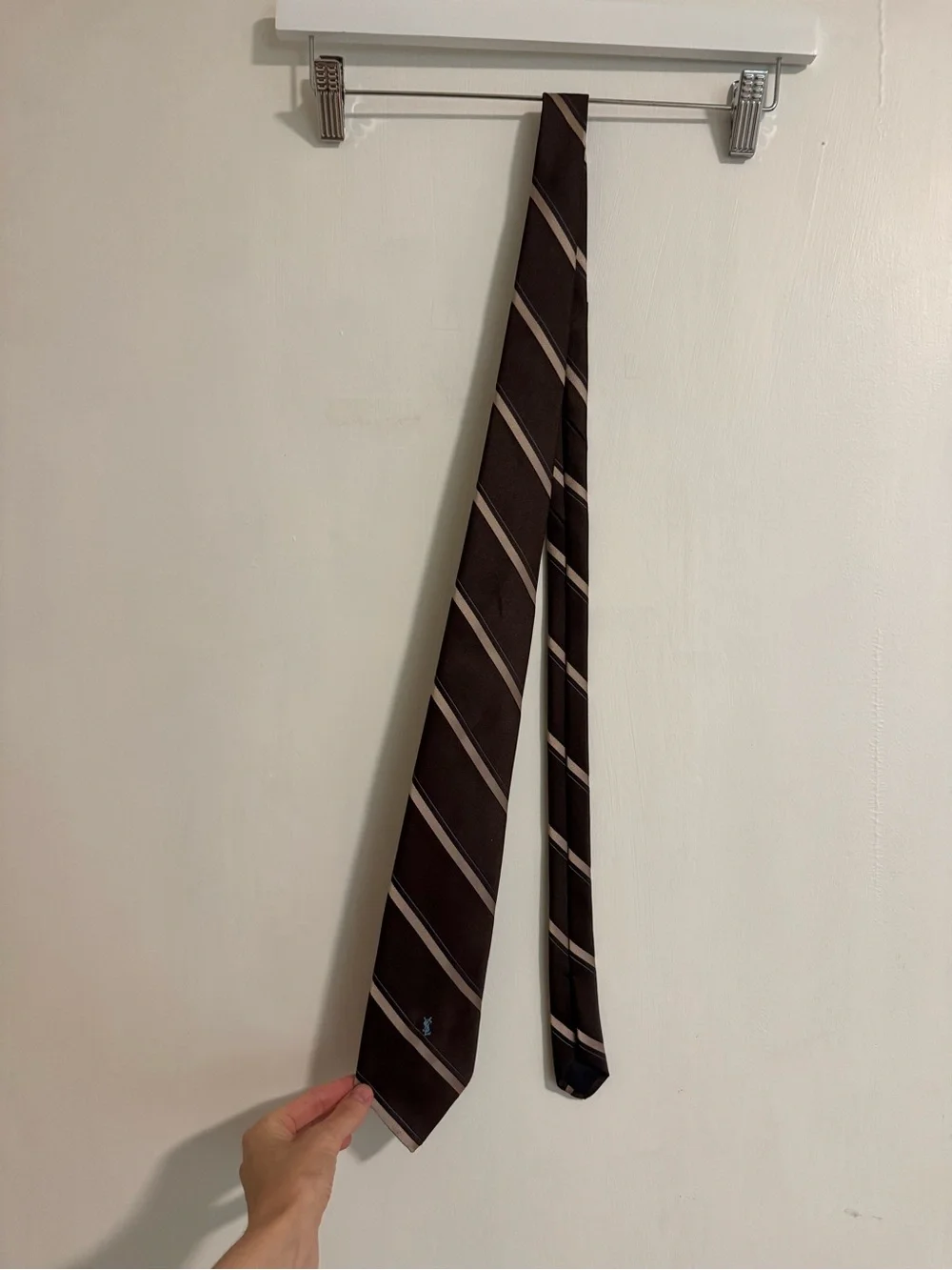 Yves Saint Laurent Brown Tie with Beige Stripes and Light Blue Logo